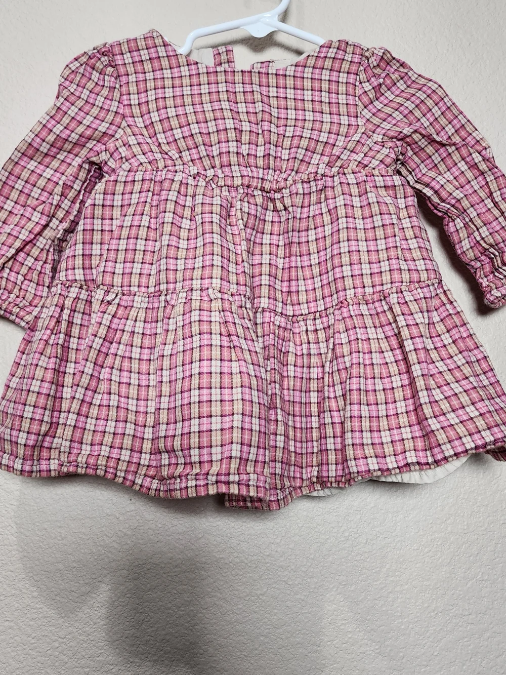 Pink Cotton Plaid Long-Sleeve Girls' Peasant Dress Cottagecore